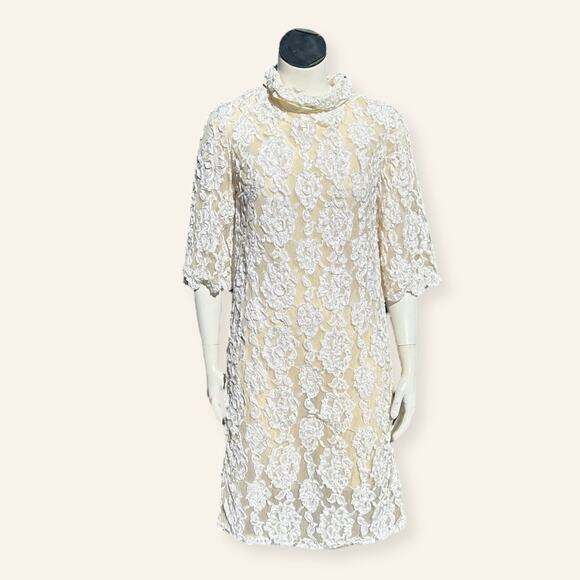 Vintage Cream Lace Shift Dress | Floral Overlay | Mod Bridal Style size 6 - Picture 1 of 4